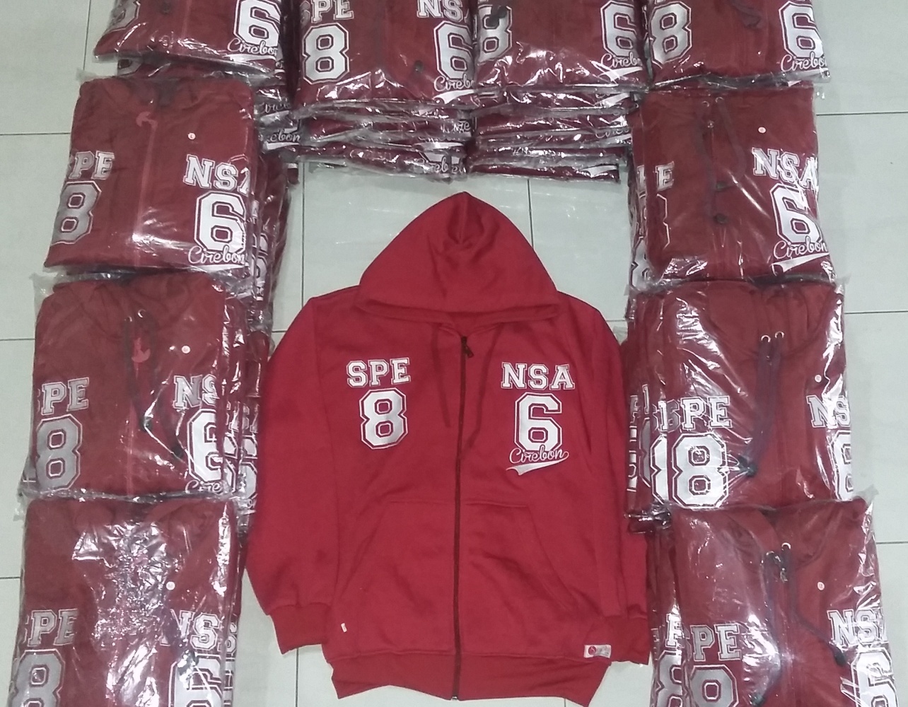 hoodie zipper komunitas reuni spensa 86 cirebon merah marun bordir