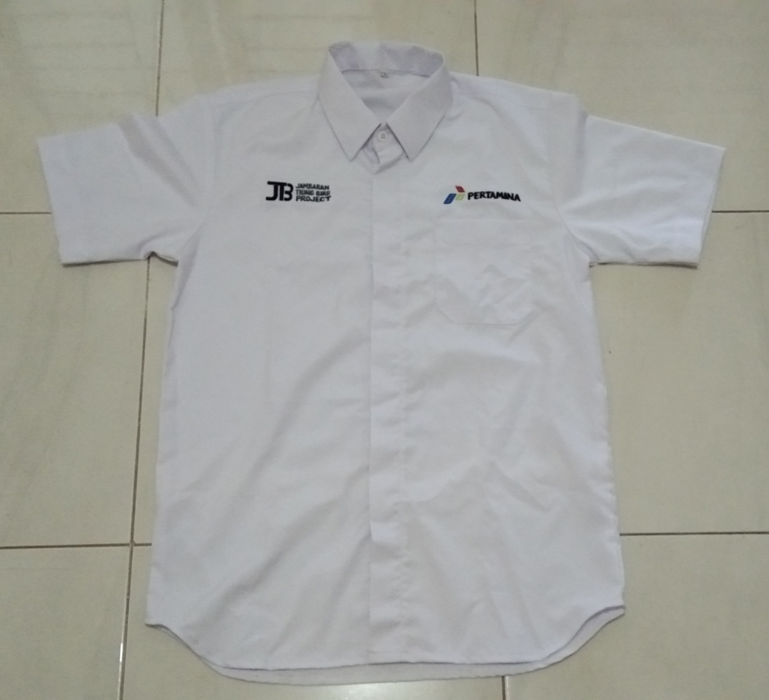 kemeja kerja pertamina jambaran tiung biru putih lengan pendek bordir