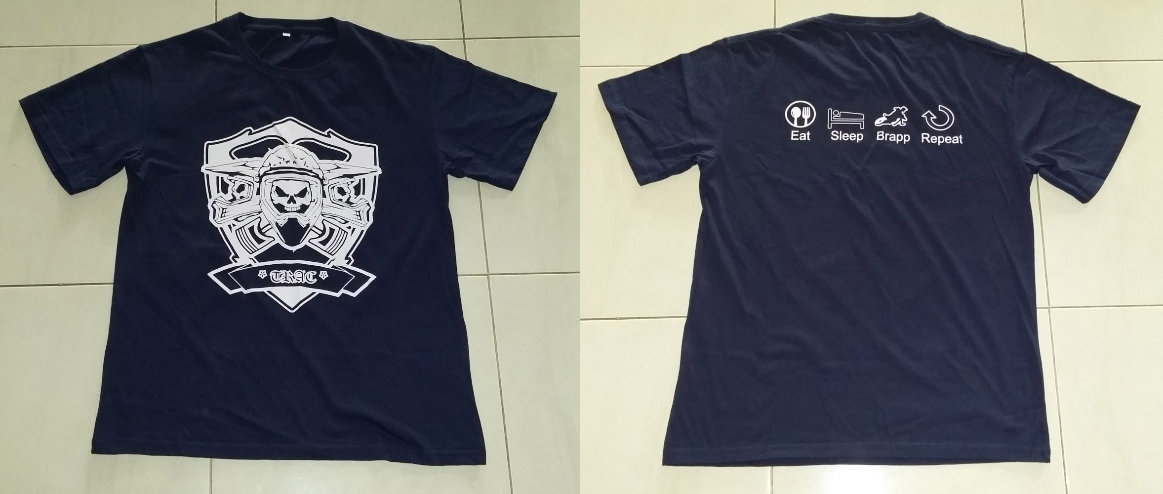 kaos satuan trac eat sleep brapp repeat biru navy lengan pendek sablon rubber