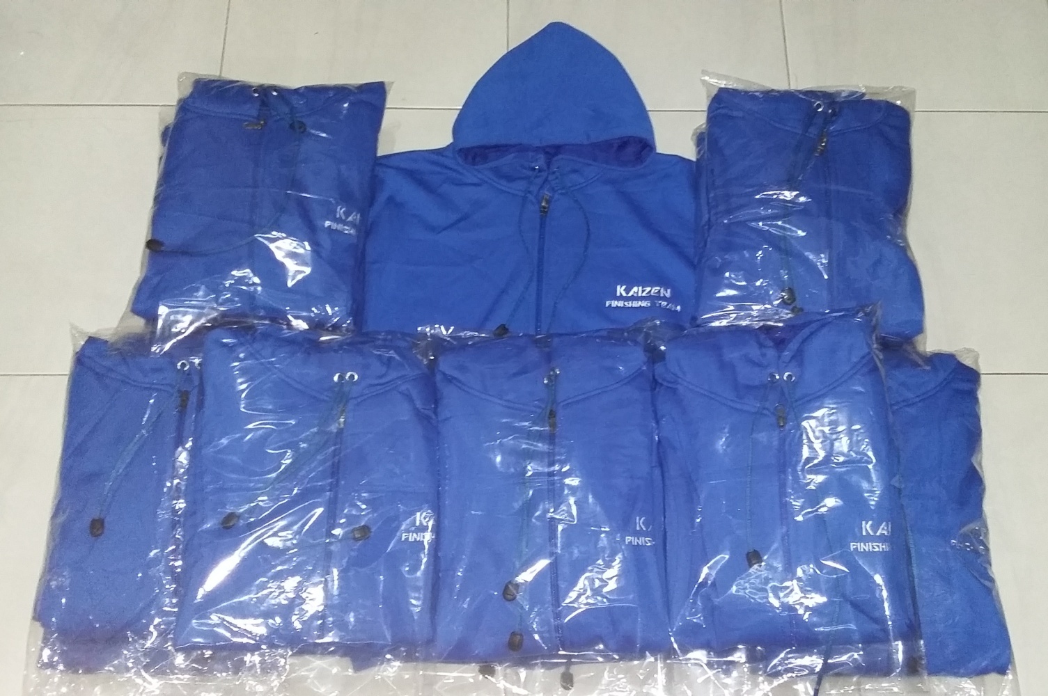 hoodie zipper kaizen finishing team biru benhur bordir